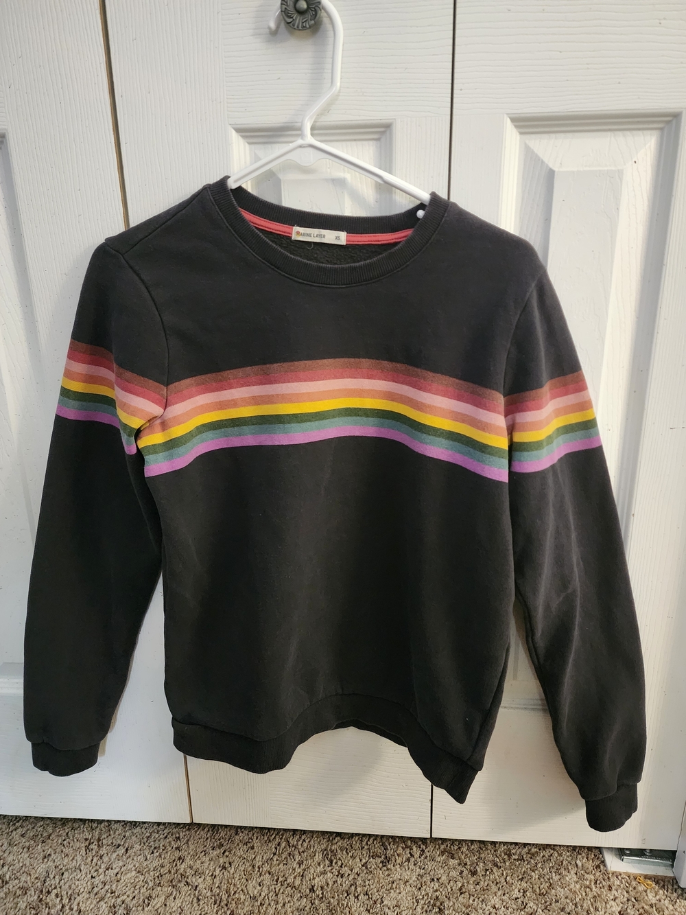 Marine Layer Black Crewneck Sweater with Rainbow Stripes